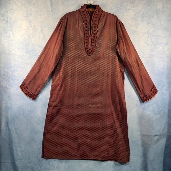 No Brand Other - Mens Red Green Woven Kurta Tunic Embroidered Velvet Beadwork Traditional 105